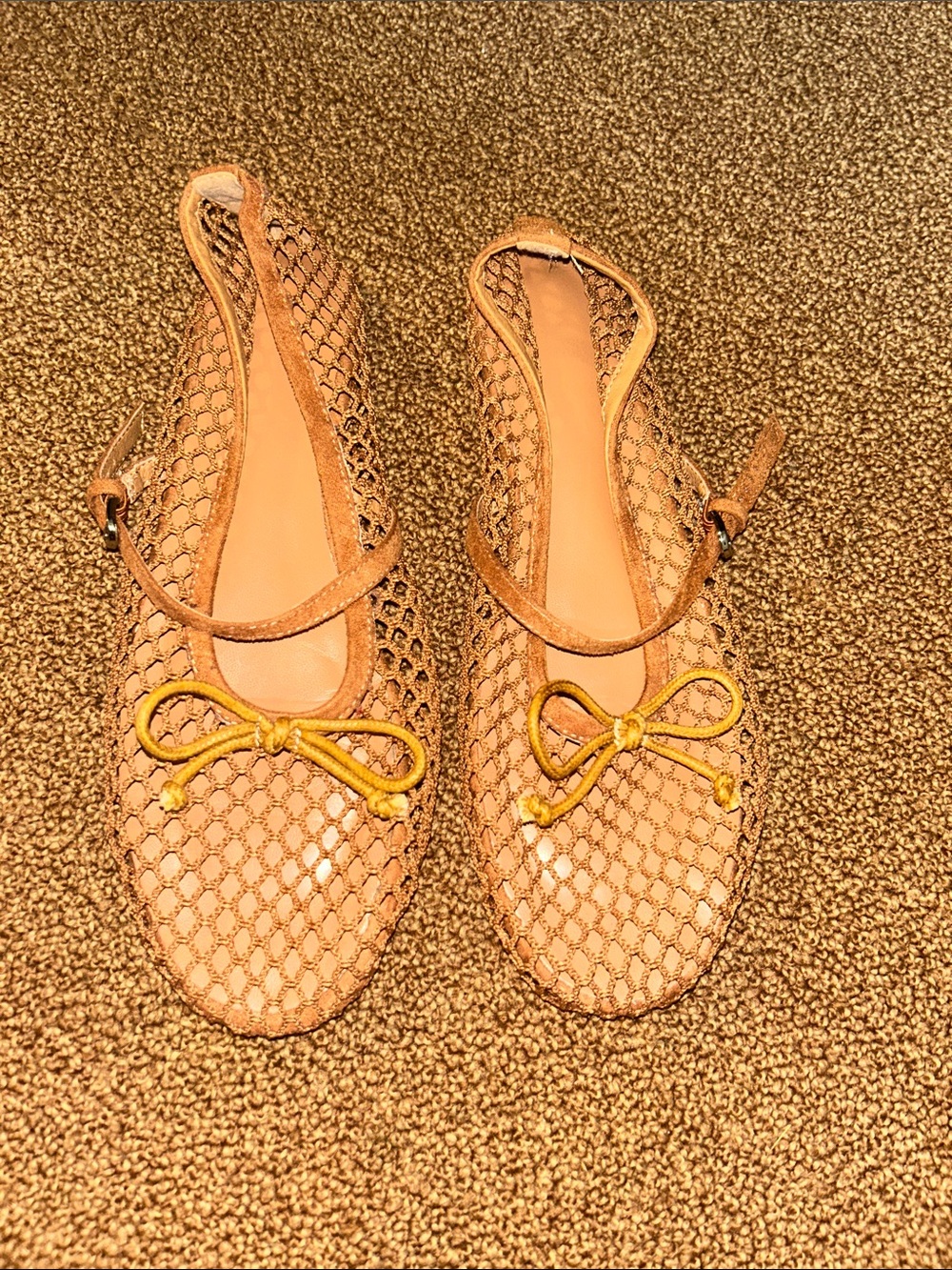 Women’s Tan Slingback Mesh Ballet Flats with Yellow Bow